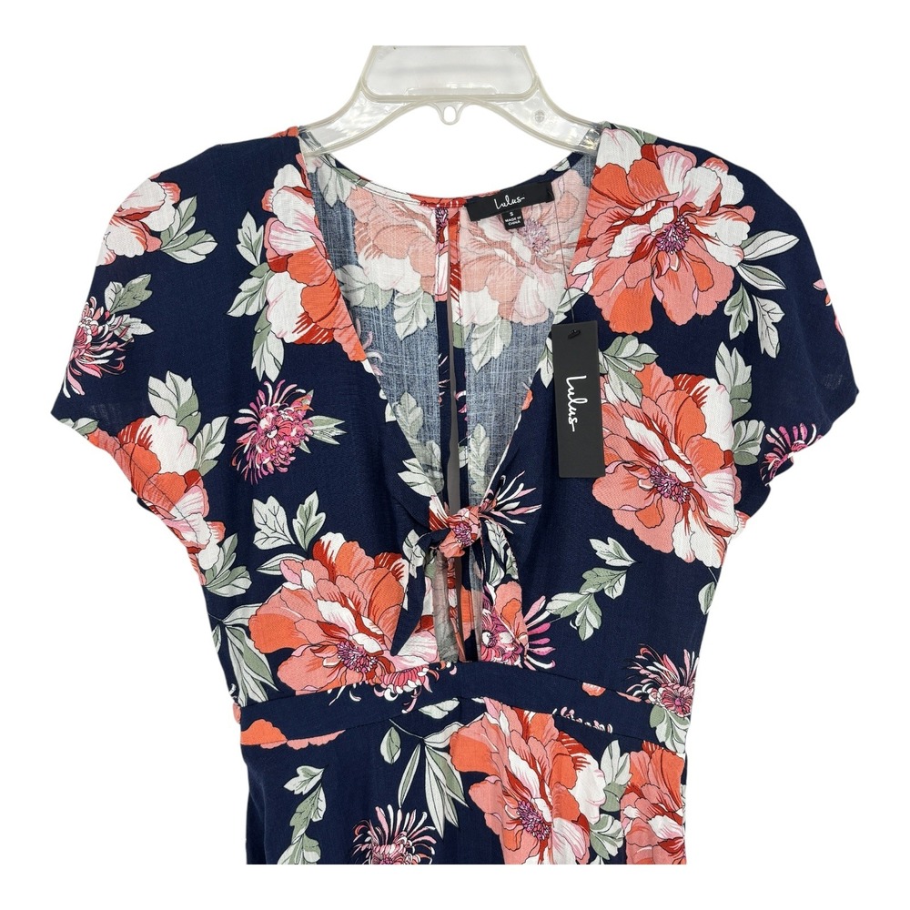 Lulus Mini Dress Navy Floral Tie Front Keyhole Back Short Sleeve Size S - Picture 4 of 6